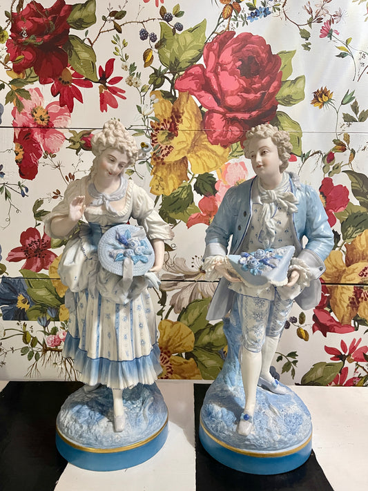 Blue and White French Figural Porcelain Statuettes, European Porcelain Bisque, Hand Painted