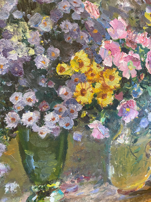 Vintage Floral Still Life in Pinks, Purples and Yellows