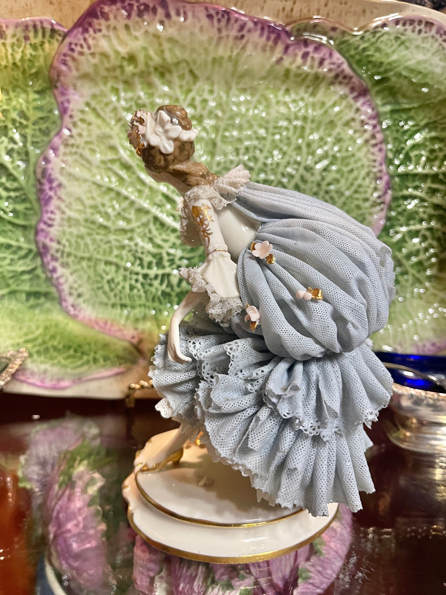 Vintage German Porcelain Dresden-Style Lace Lady Figurine | Volkstedt Style | Blue & White with Bows & Gilding