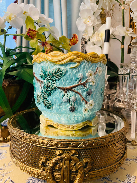 Antique Majolica Cache Pot | Vibrant Hand-Painted Jardinière | European 19th Century
