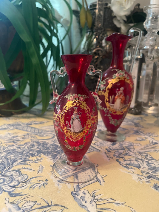 Antique Murano Ruby Red Double-Handled Vase with Hand-Painted Lady & Maritime Scene - Monte Vista Estate