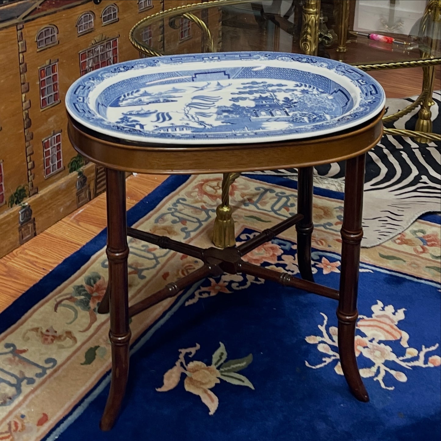 Wedgwood Blue Willow Platter Table with Vintage Faux-Bamboo Base, Chinoiserie Decor