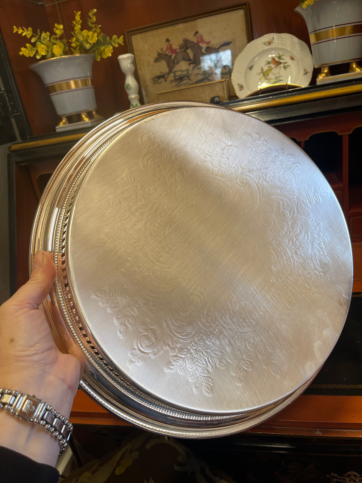 Vintage Towle Reticulated Round Gallery Tray, Baroque Silver Plate