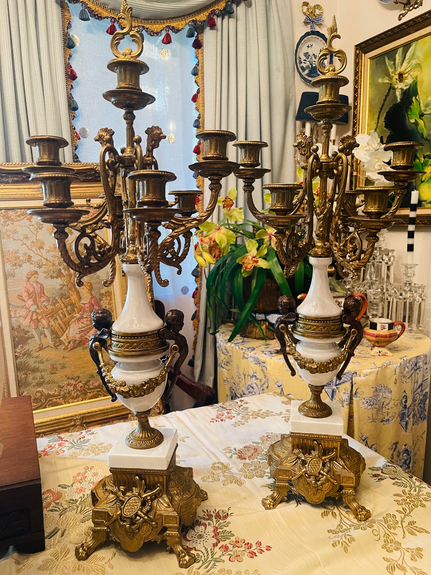 Italian Gilt and Cherub and Acanthus Alabaster Marble and Bronze Candelabras, Pair,