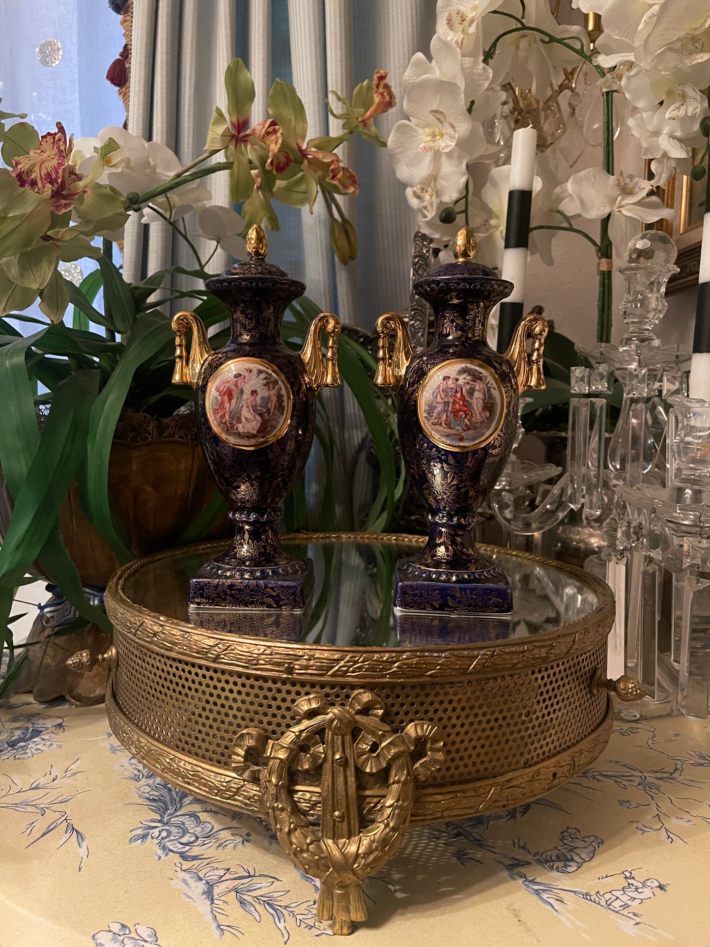 Vintage English Empire Ware Porcelain Urns – Neoclassical Gilt Transferware, Made in England