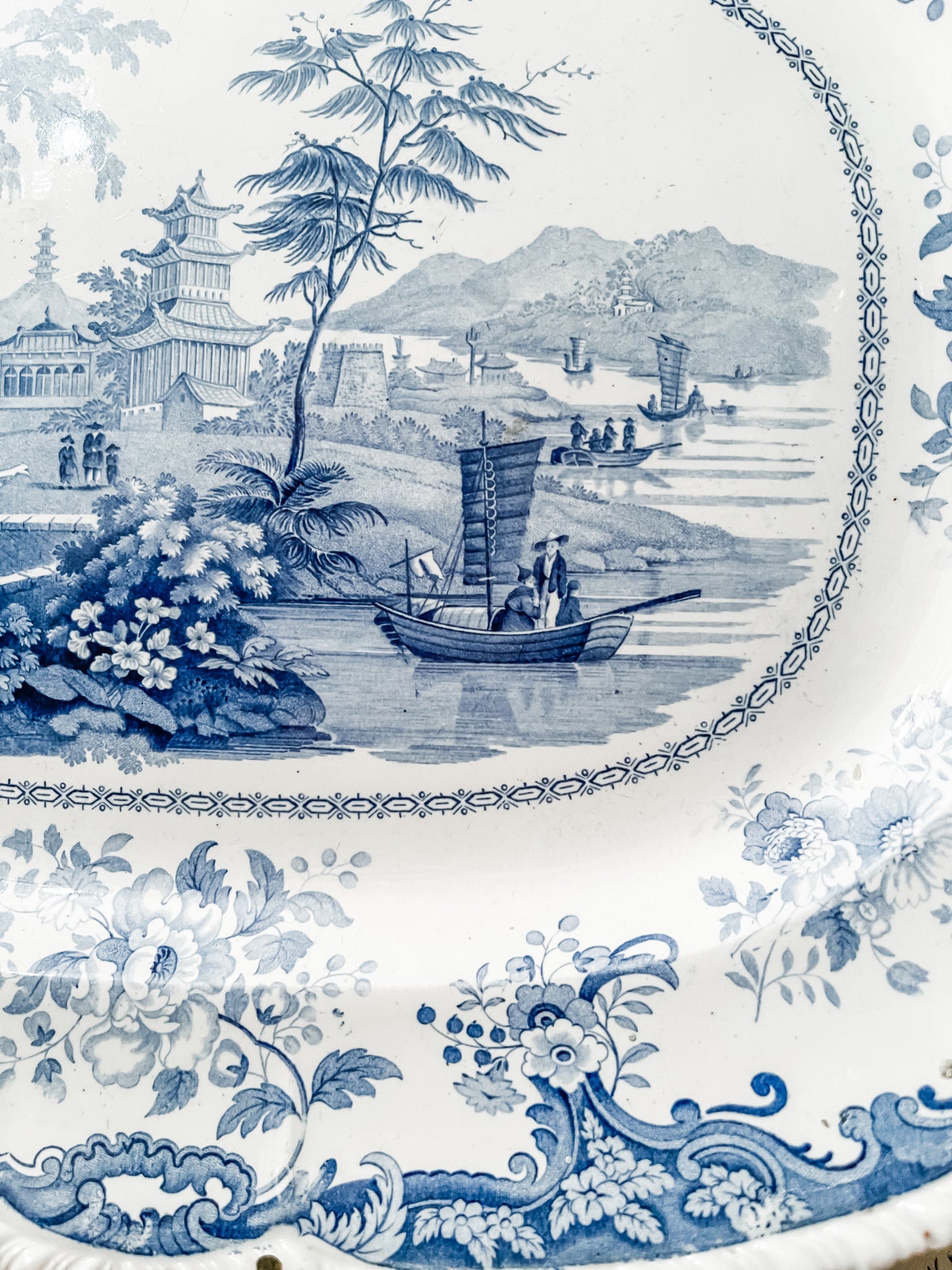 Antique 19th Century Minton Chinese Marine Opaque Blue and White Chinoiserie Platter, XLARGE