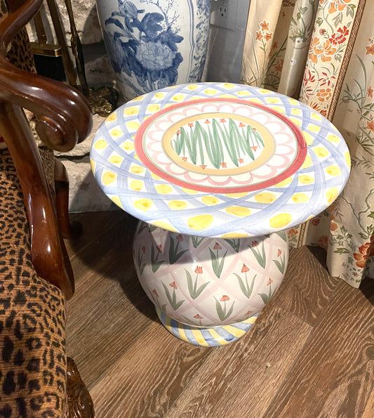Vintage Richard & Victoria MacKenzie-Childs Terracotta Pedestal Side Table, Whimsical, Hand Painted Glazed Terracotta