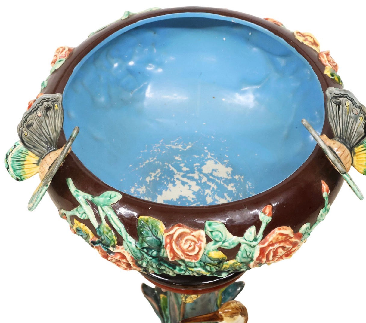 Monumental French Art Nouveau Majolica Jardinière on Heron Stand | Vallauris Style | Palm Beach Chic Coastal Garden Statement Piece
