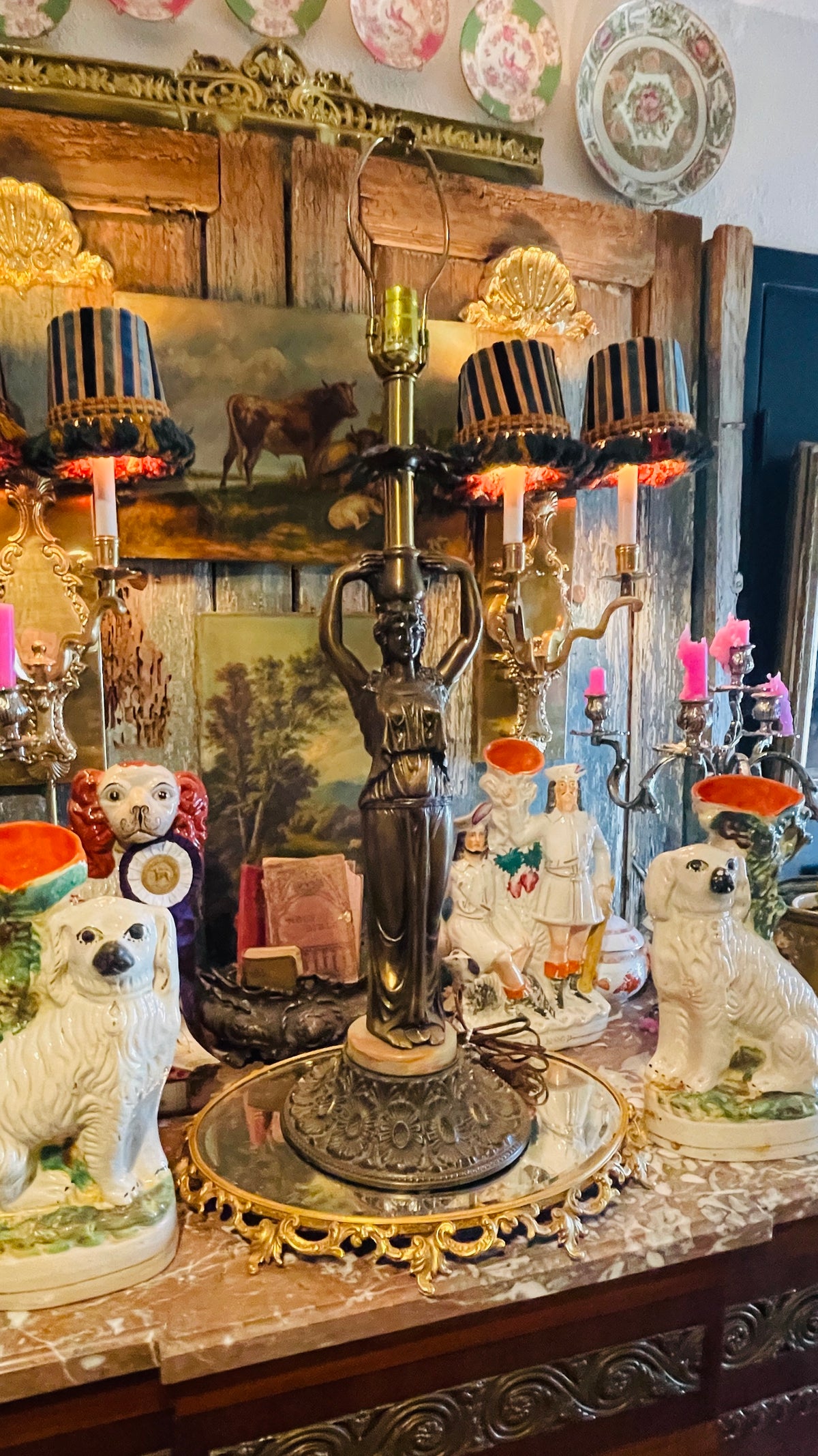 Grand Vintage Classical Revival Caryatid Figural Lamp with Alabaster Base, Vintage Lighting