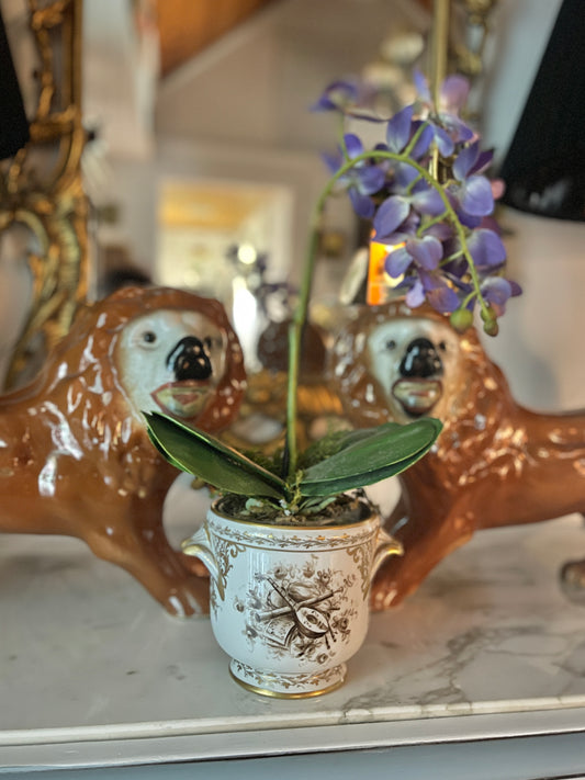 French LE TALLEC Cachepot, Brown and white with Gilt Detail, Shell Handles, Hand Painted