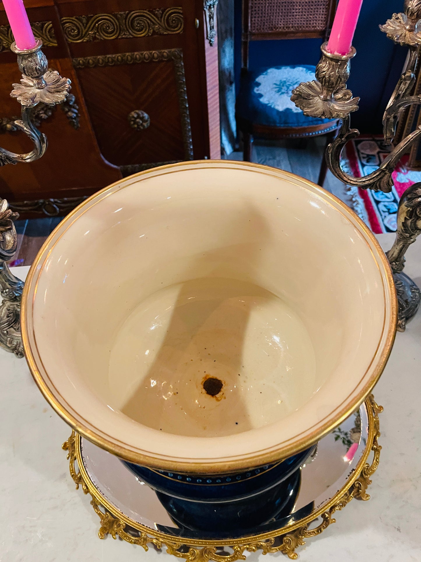 Large French-Style Cobalt Porcelain Urn Cachepot with Hand-Painted Birds