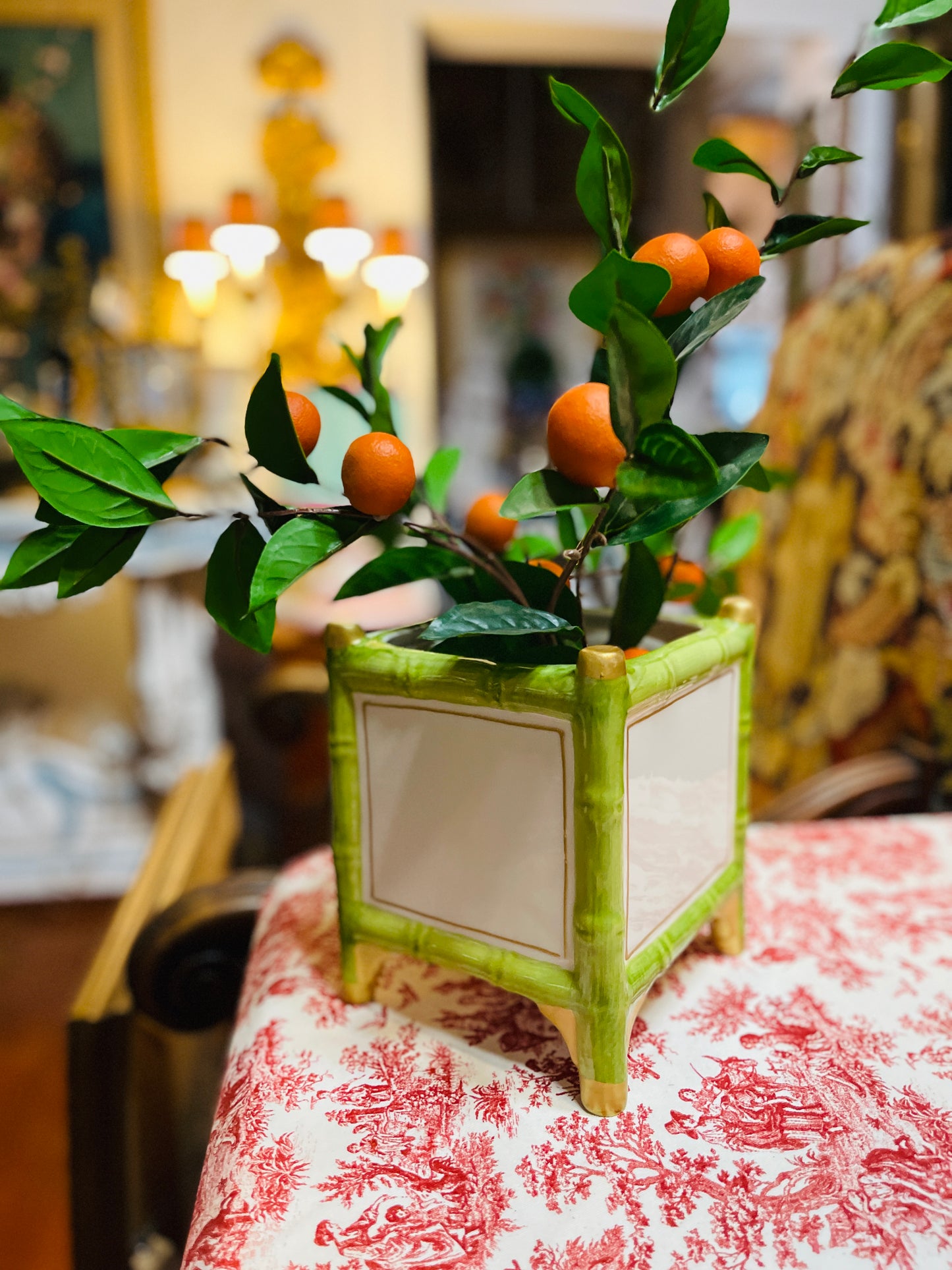 Vintage Portuguese Faux Bamboo Cachepot Planter | Green & Gold Chinoiserie Jardinière