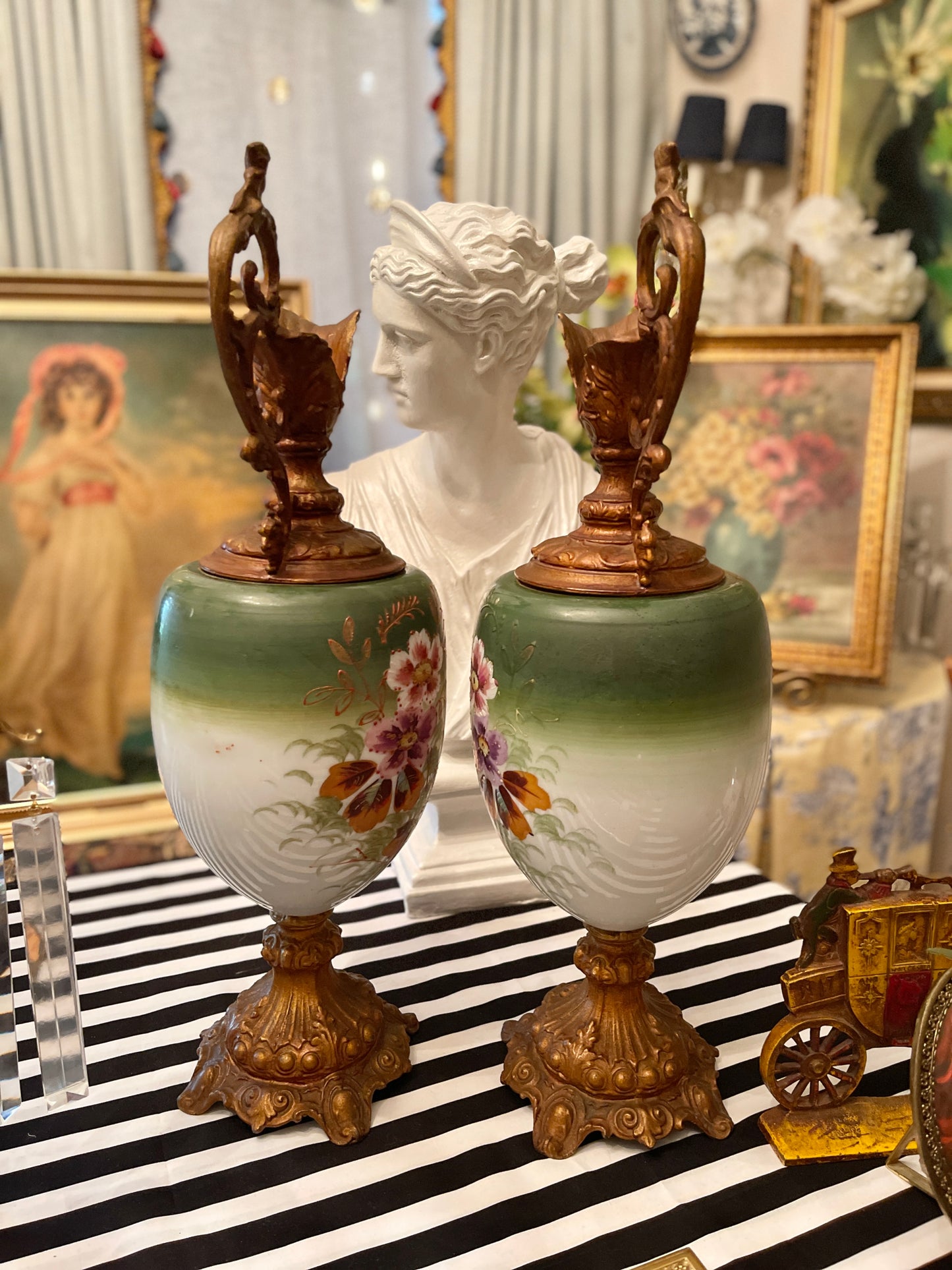 Antique Porcelain and Cast Metal Ewer Pitchers, Pair, Hand Painted