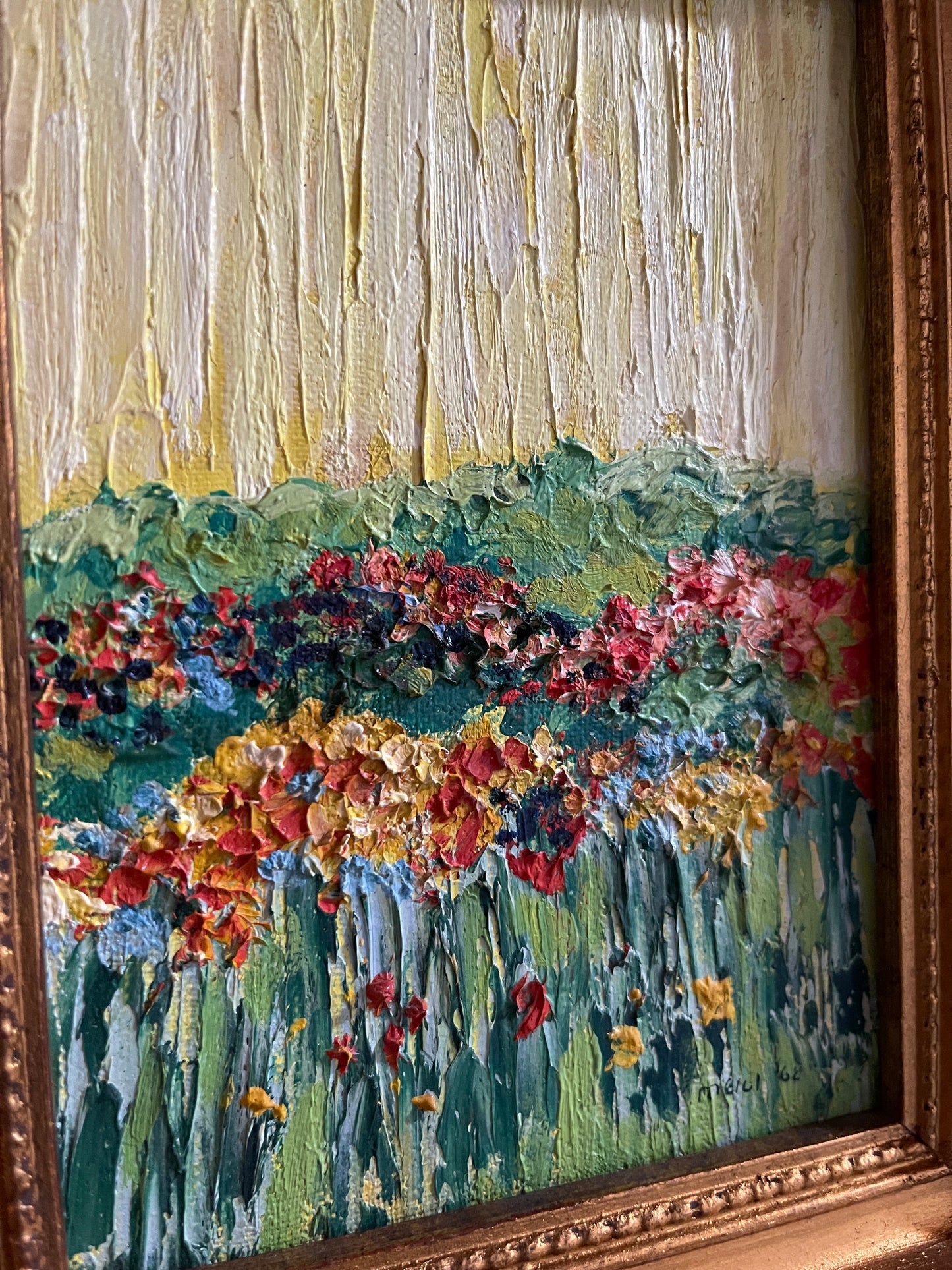 Vibrant Floral Abstract, Acrylic on Board, Gold Frame