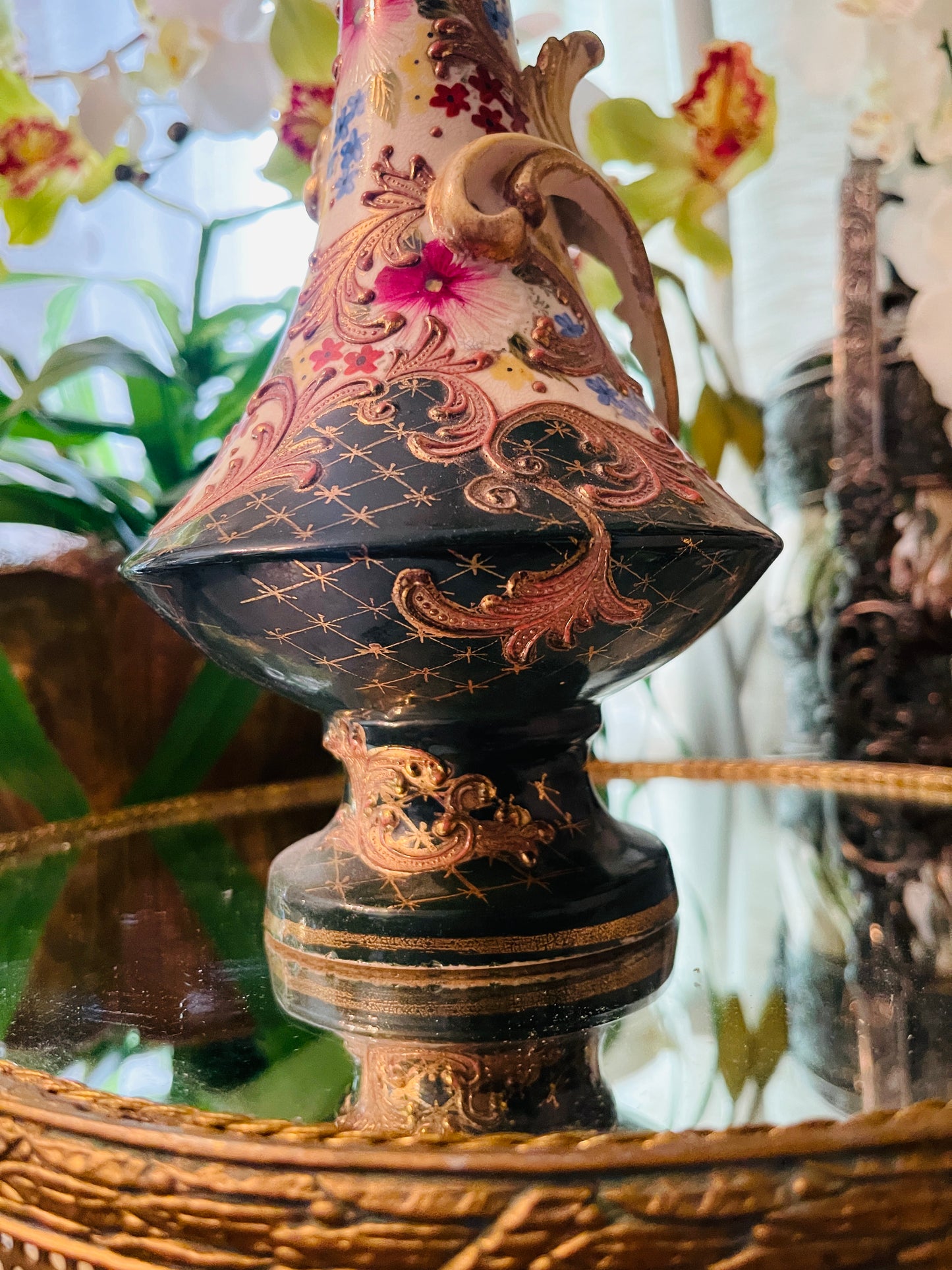 Antique French Hand-Painted Porcelain Vase with Gilt Accents & Rococo Flourishes