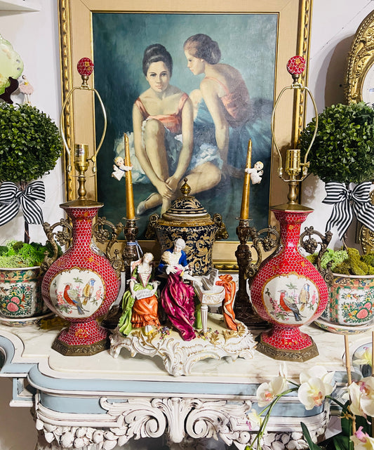 Vintage Red Porcelain Bird Lamps Pair | Ormolu Bow & Wreath Handles | European Twists, Grandmillennial / Chinoiserie Decor