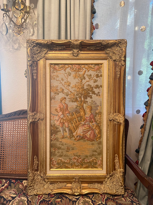 Vintage French Country Courting Scene Tapestry, Heavy Ornate Gold Wood Frame