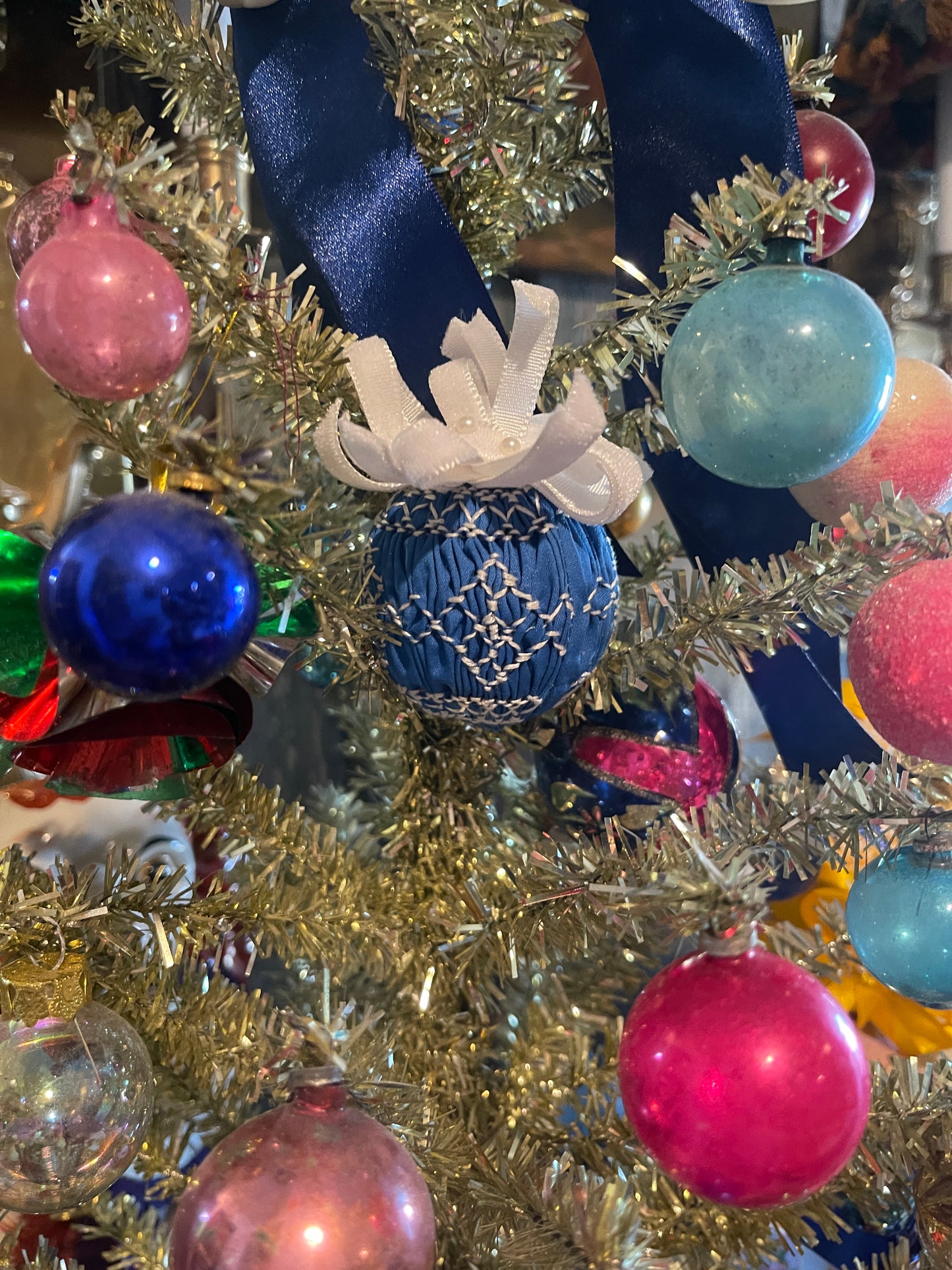 2” Blue and White Vintage Smocked Christmas Ornament