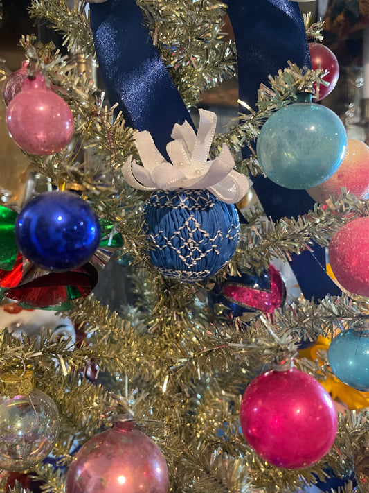 2” Blue and White Vintage Smocked Christmas Ornament