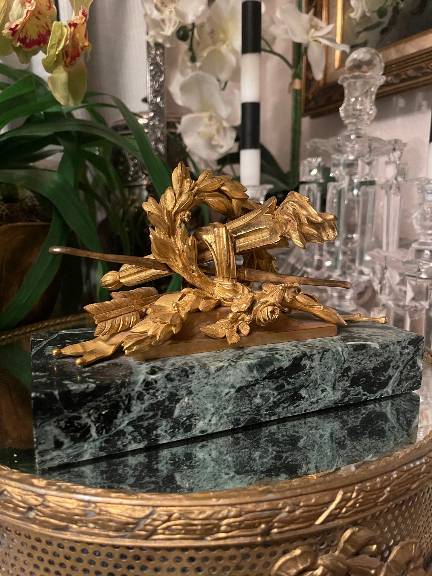 Antique French Gilt Bronze Desk Ornament on Green Marble | Louis XVI Laurel Wreath with Torch