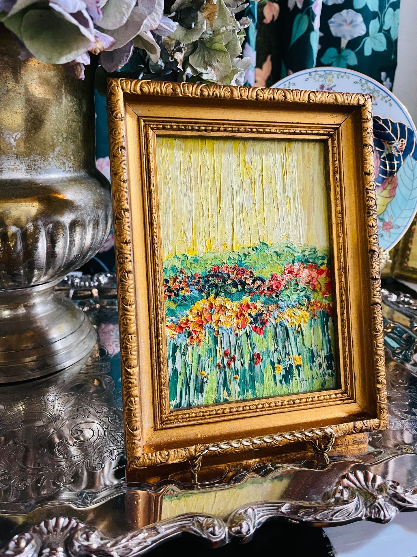 Vibrant Floral Abstract, Acrylic on Board, Gold Frame