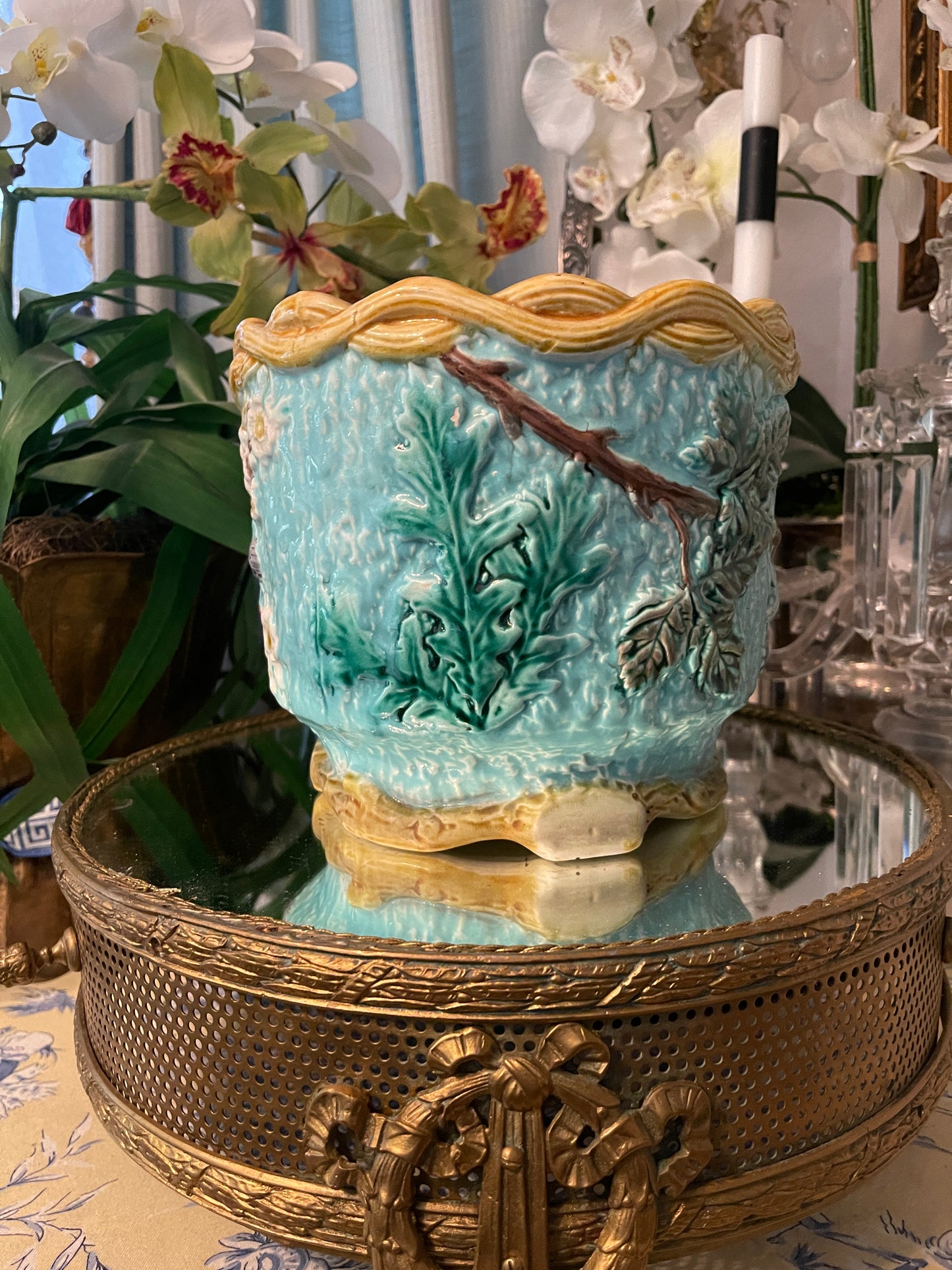 Antique Majolica Cache Pot | Vibrant Hand-Painted Jardinière | European 19th Century