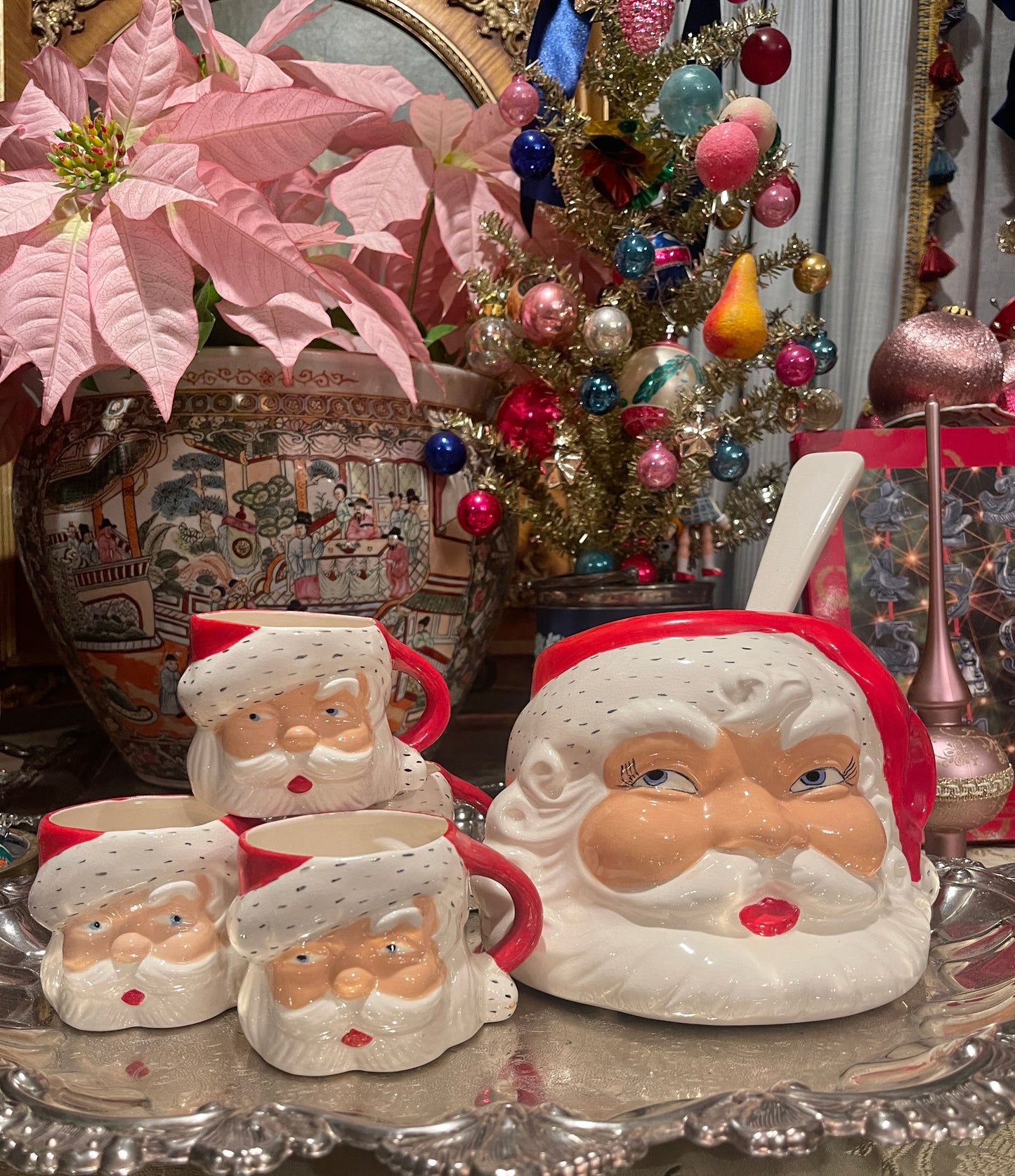 Vintage Santa Punch Bowl, Ladle, and 4 Santa Mug Set