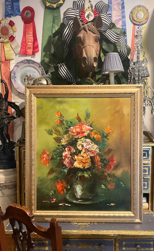 Vibrant Vased Flowers Still Life, Vintage Oil Painting, Artist Signed