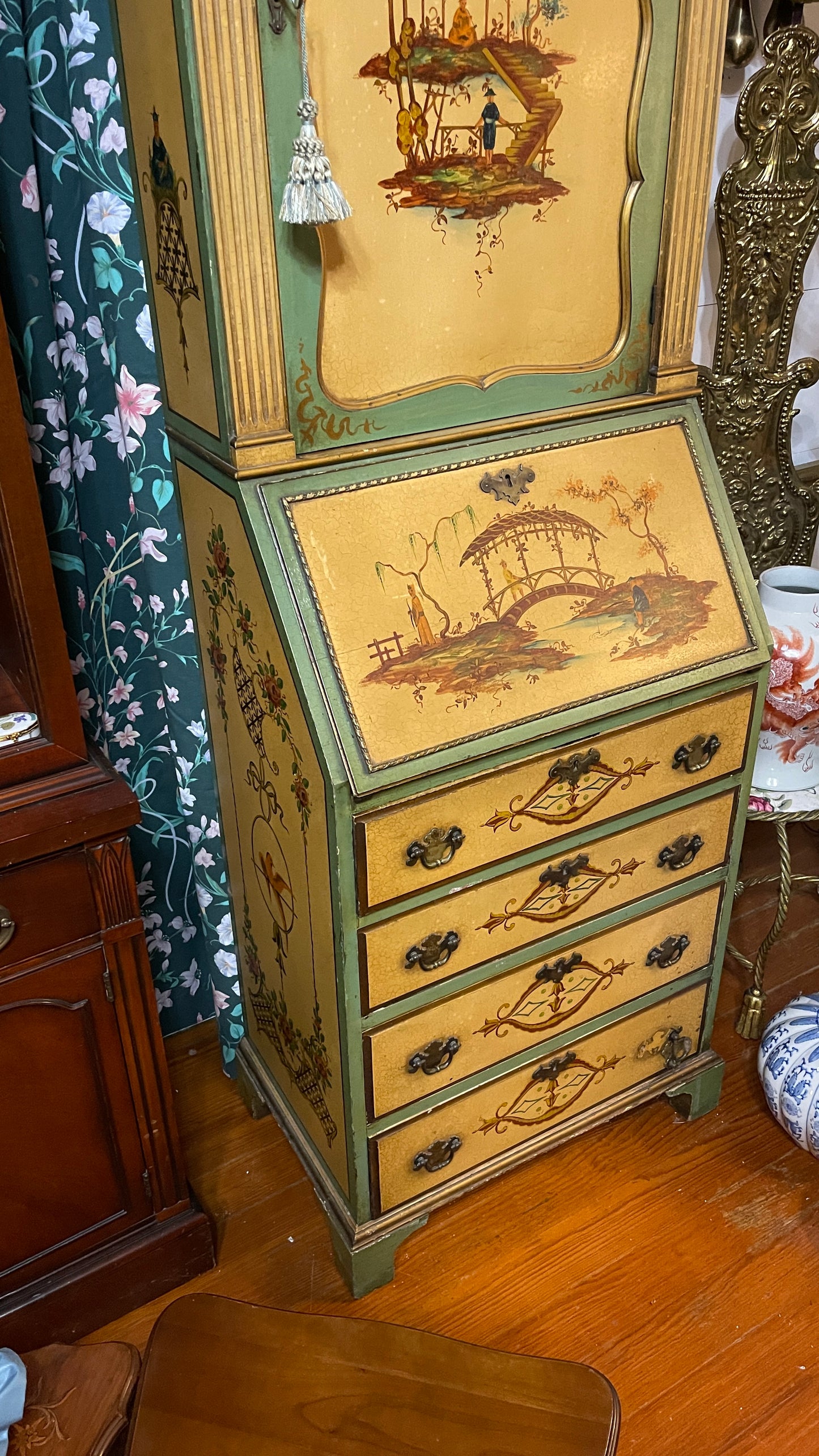 Vintage Hand-Painted Chinoiserie Secretary Desk