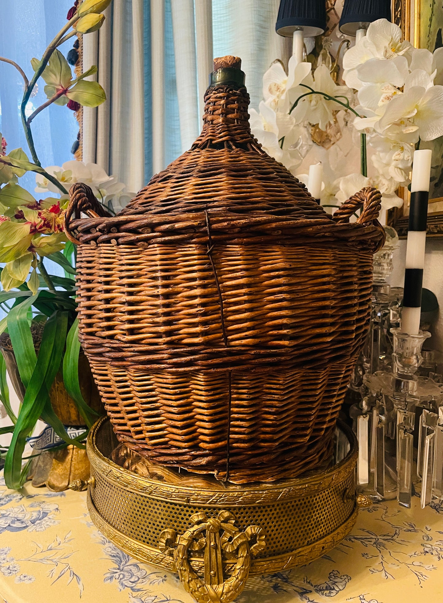 Vintage Demijohn Carboy Wine Jug — Green Glass with Handwoven Wicker Cover & Original Cork