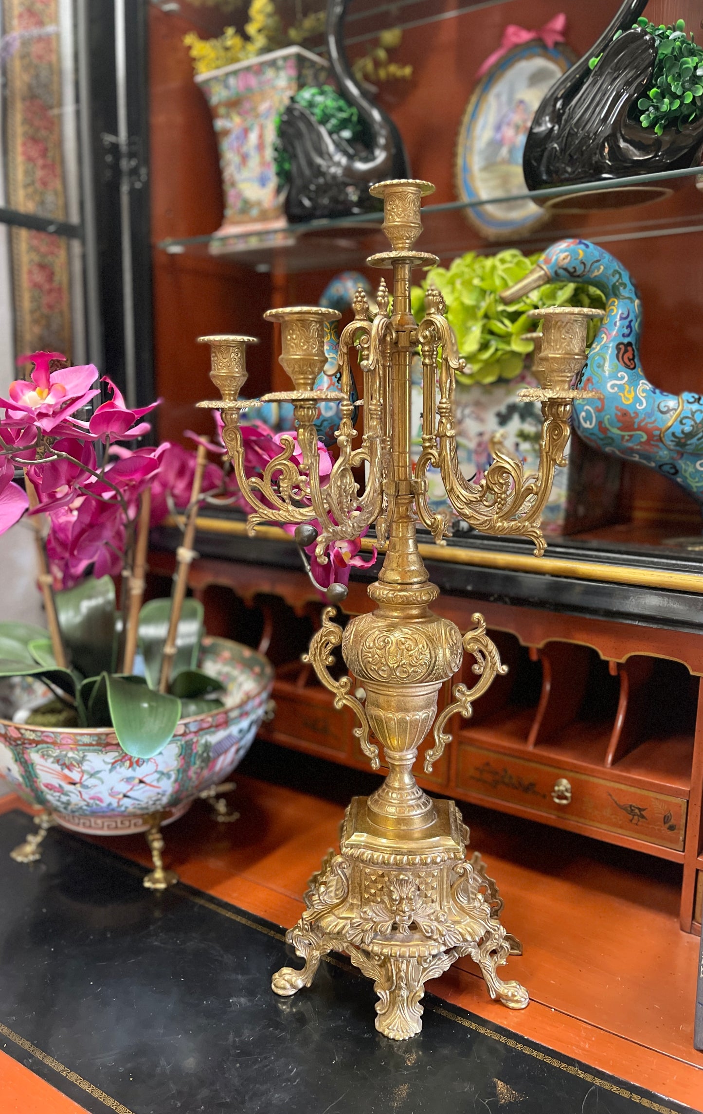 Large Six Light Brass Ormolu Baroque Candelabra, Vintage