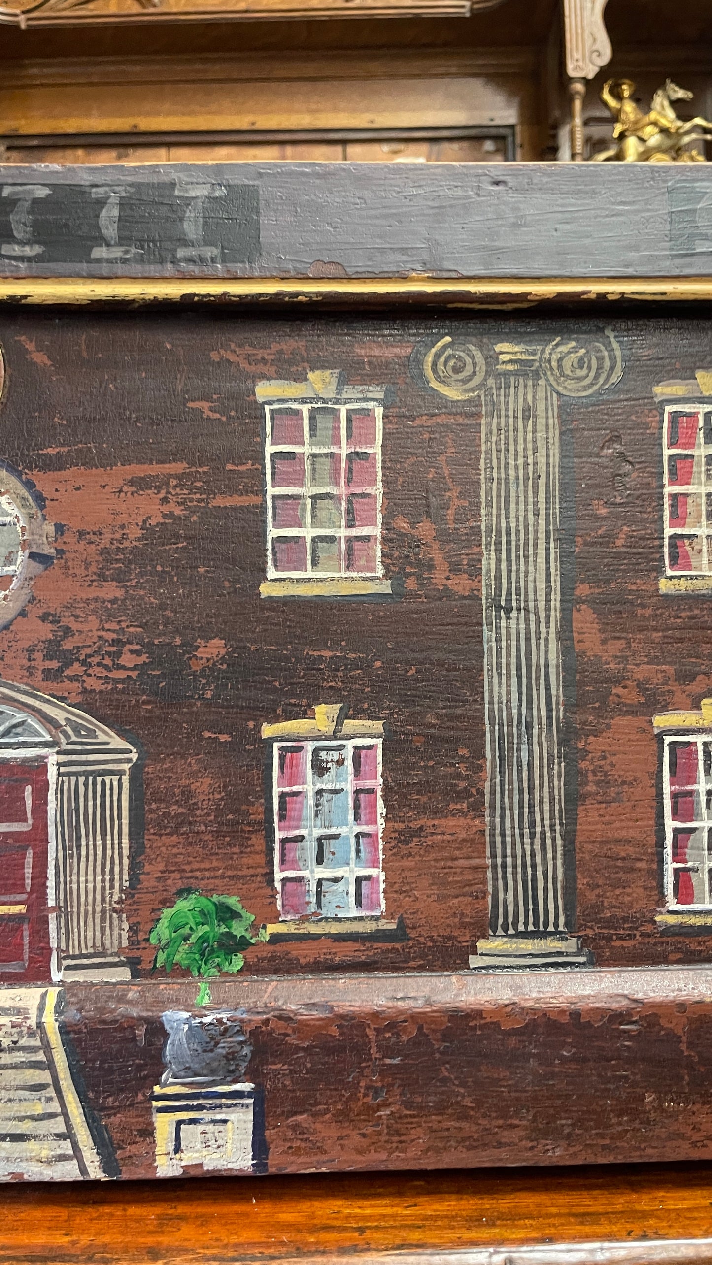 ENGLISH PAINT-DECORATED HOUSE FACADE PINE BLANKET BOX / STORAGE CHEST