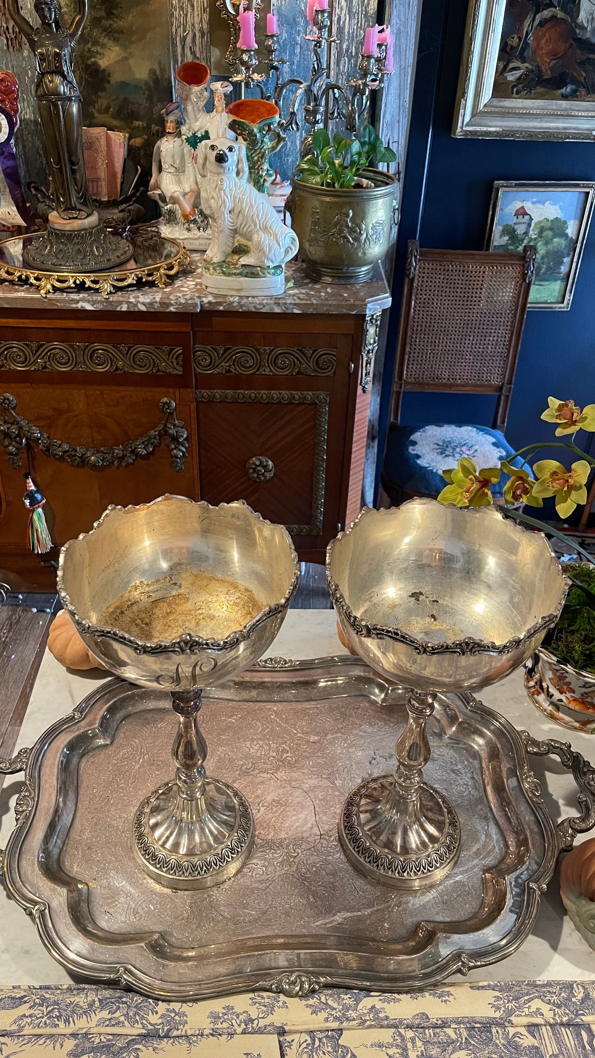 Pair of Vintage Silver-Plated Rococo Revival Pedestal Centerpiece Bowls, Estate Sourced