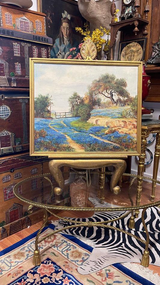 Vintage Original Texas Bluebonnet Landscape Oil Painting | Signed Mary Barker | Dated 1959
