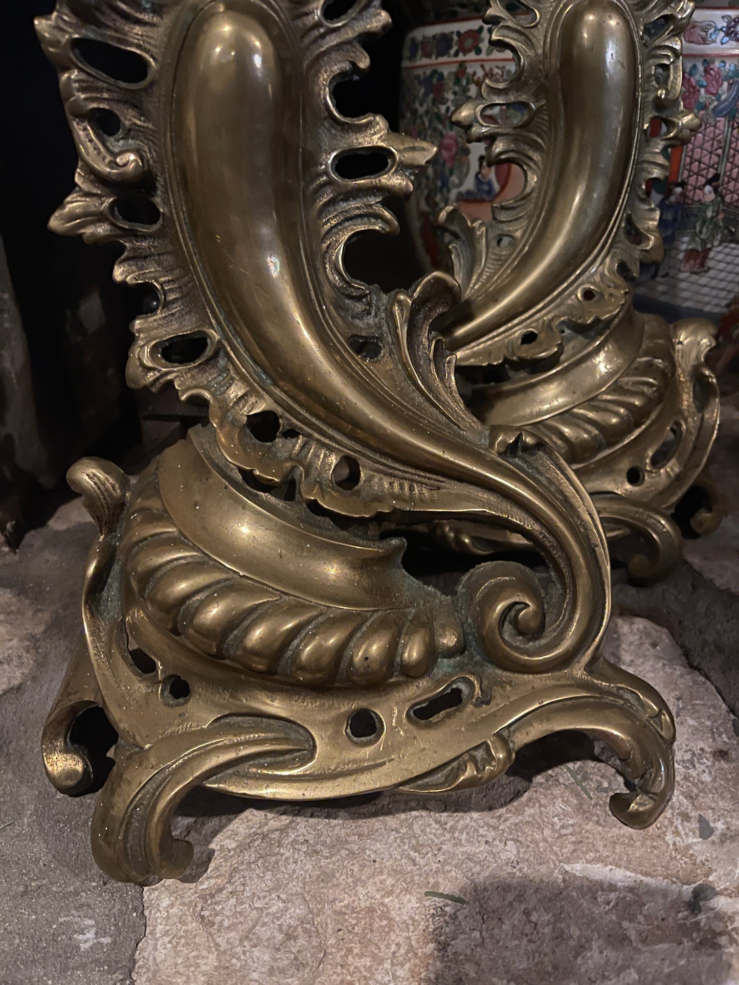 Antique Sheffield, New York Gilt Brass Andirons | Rococo Revival Fireplace Andirons | Sourced in Memphis| Heirloom Estate Decor