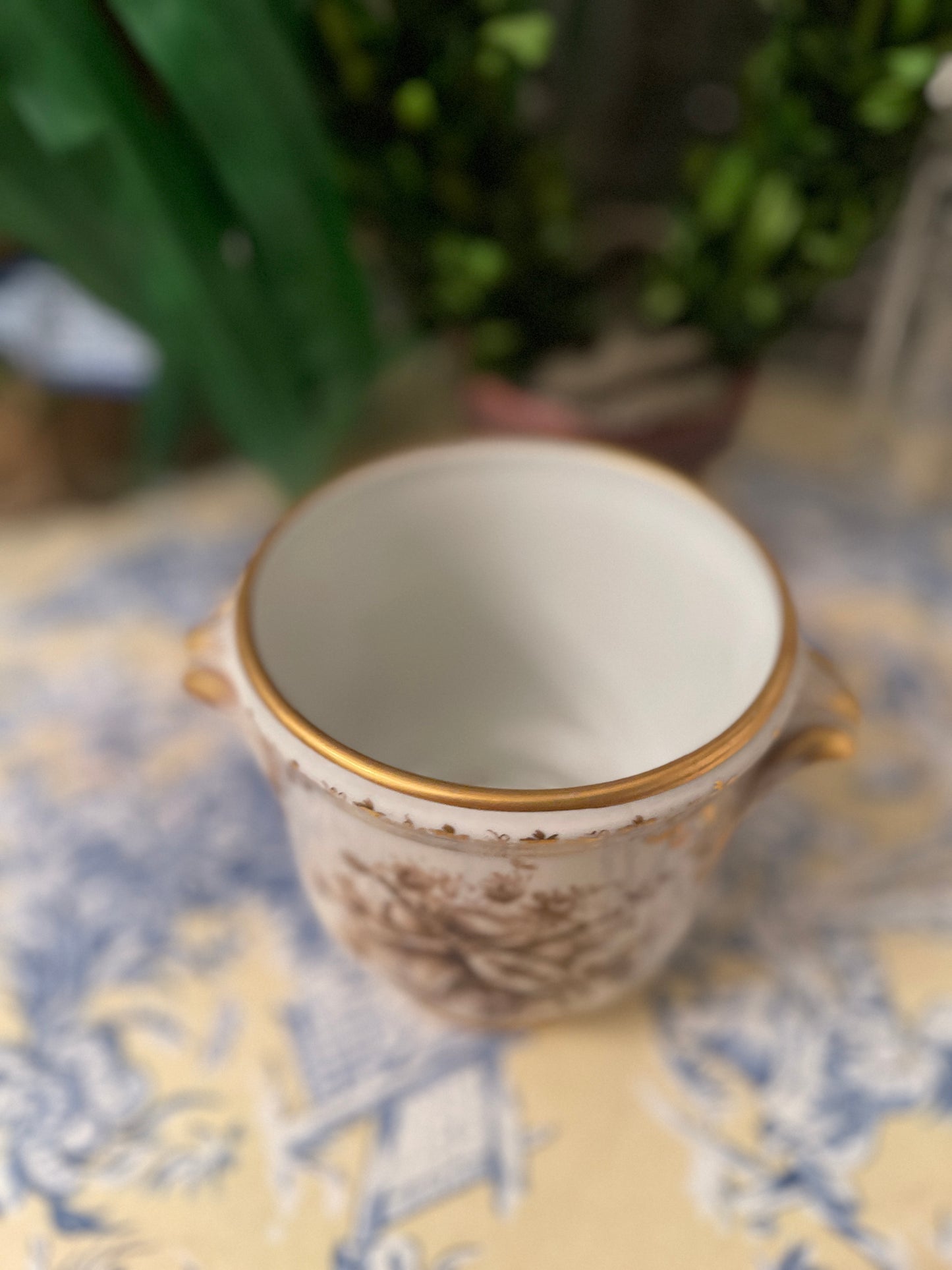 French LE TALLEC Cachepot, Brown and white with Gilt Detail, Shell Handles, Hand Painted