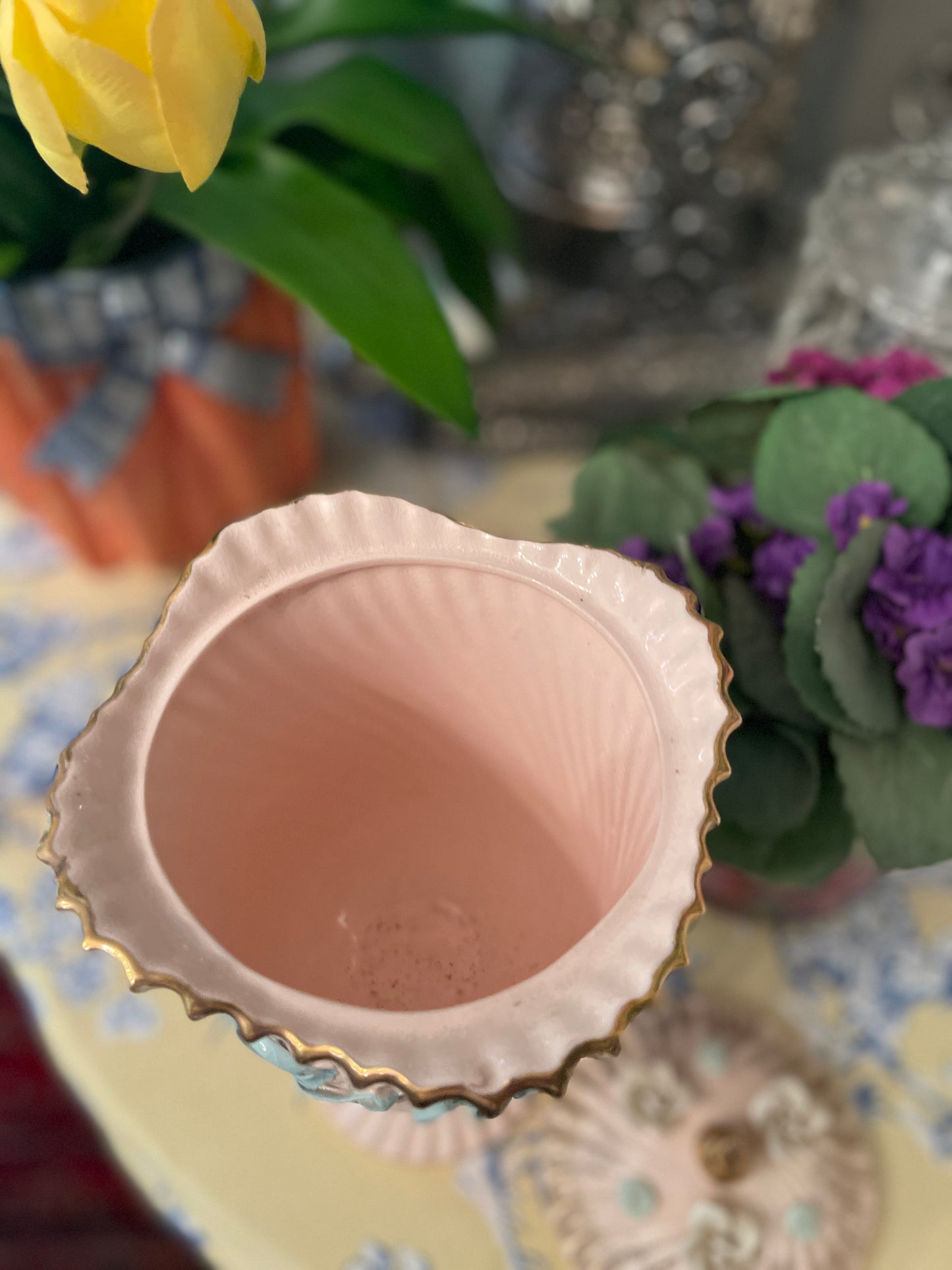Wales Pedestal Lidded Pink Candy Dish with Applied Roses and Ribbon Lettering, Made in Japan