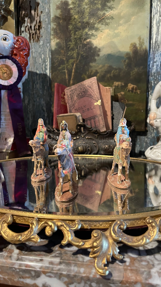 We Three Kings — Hand-Painted Terracotta Kings on Camels | Set of Three | Tallest 3.5” H × 3.25” W
