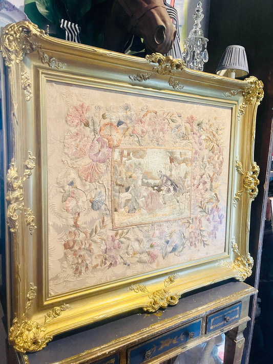 Antique Silk Embroidery in Ornate Gilded Frame – Pastoral Scene with Floral Damask | French Needlework Wall Art