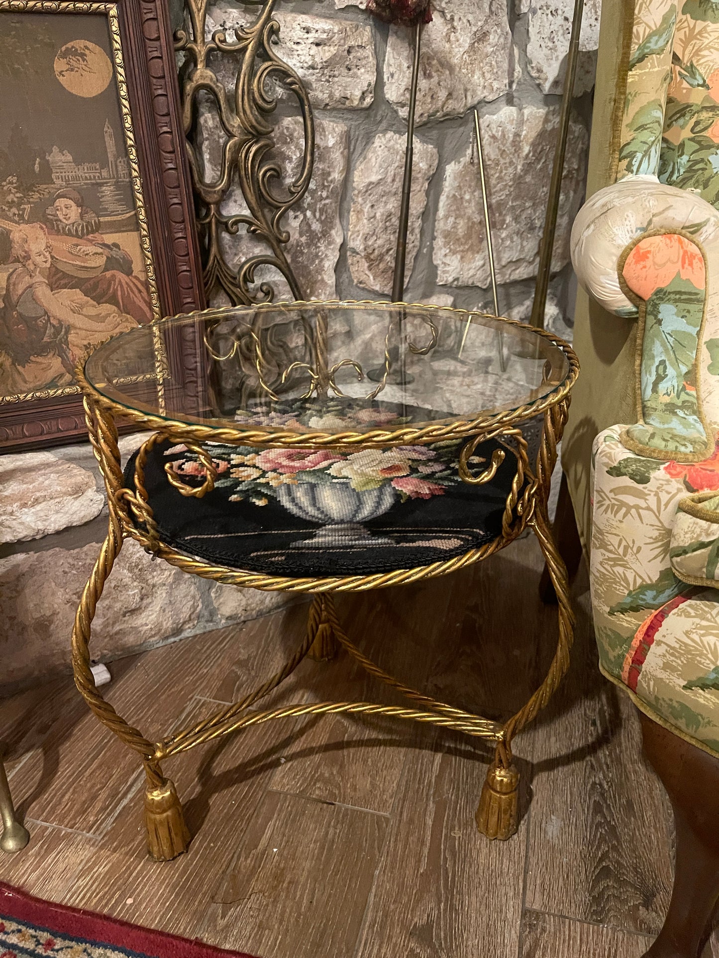 Italian Tôle Rope & Tassel Side Table with Glass Top and Vintage Needlepoint Insert — Round Top Find