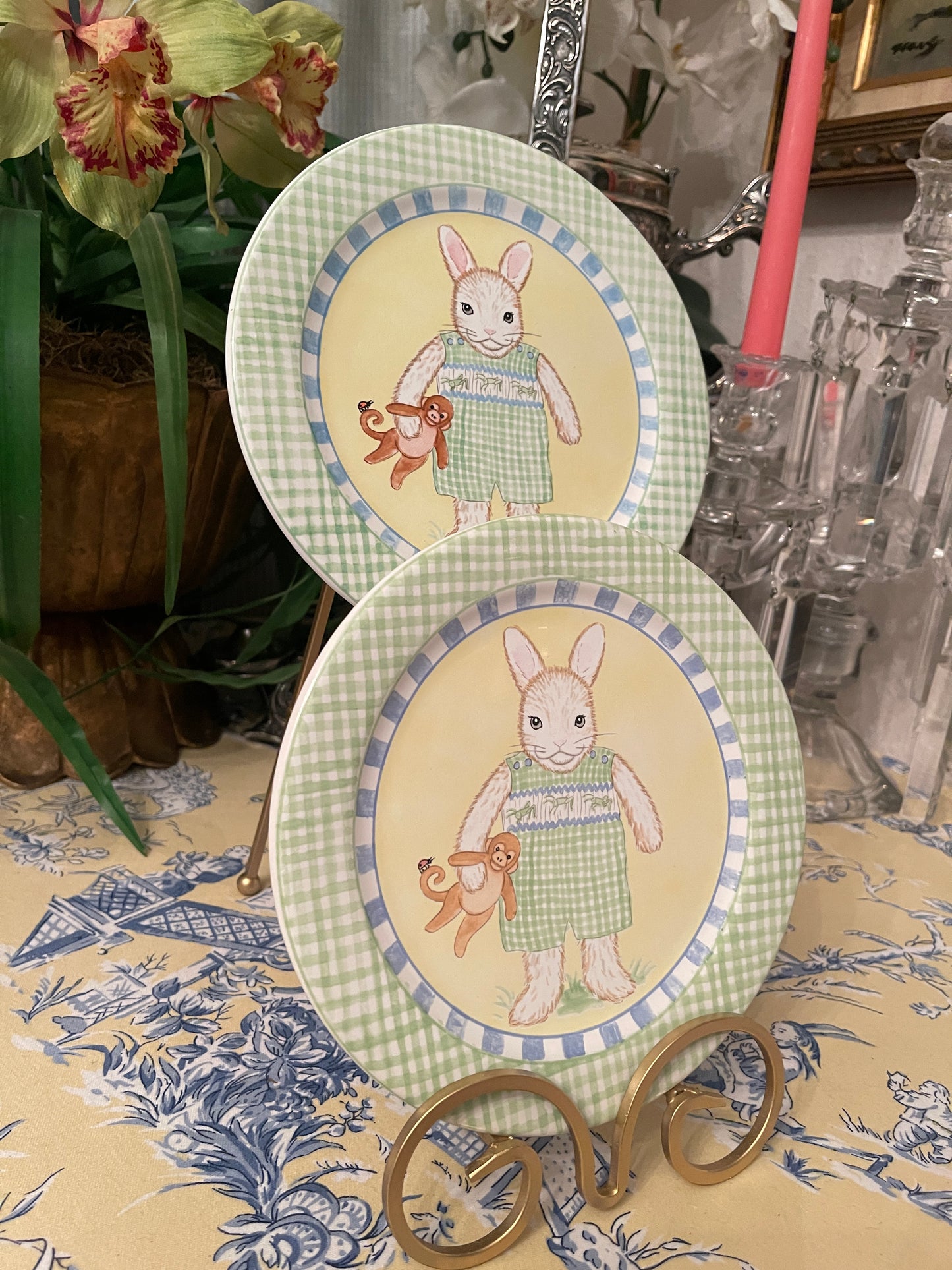 Precious Kelly B Rightsell Bunny in  Smocked Romper Plate - Green, Blue and White- Made in Portugal