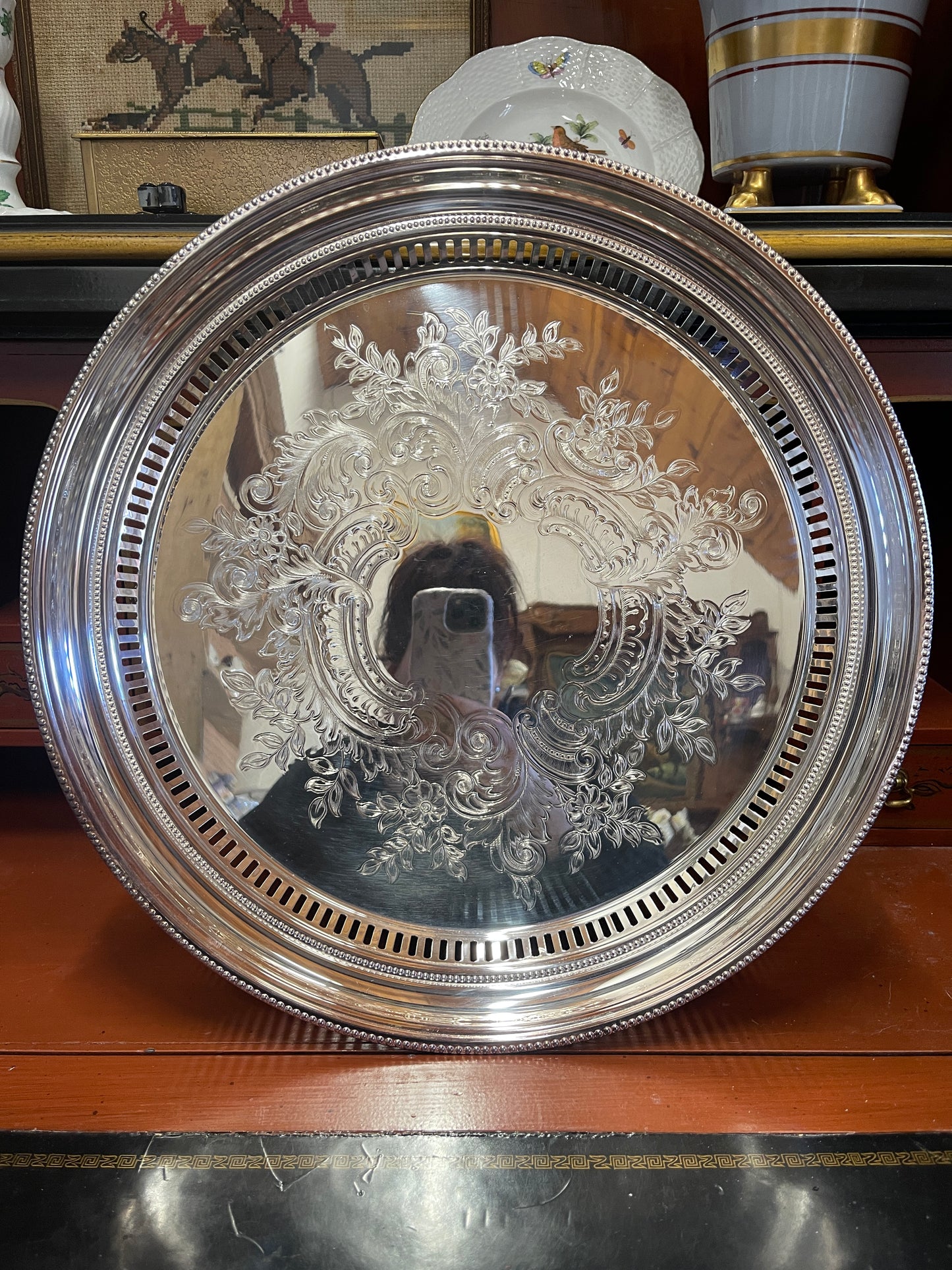 Vintage Towle Reticulated Round Gallery Tray, Baroque Silver Plate