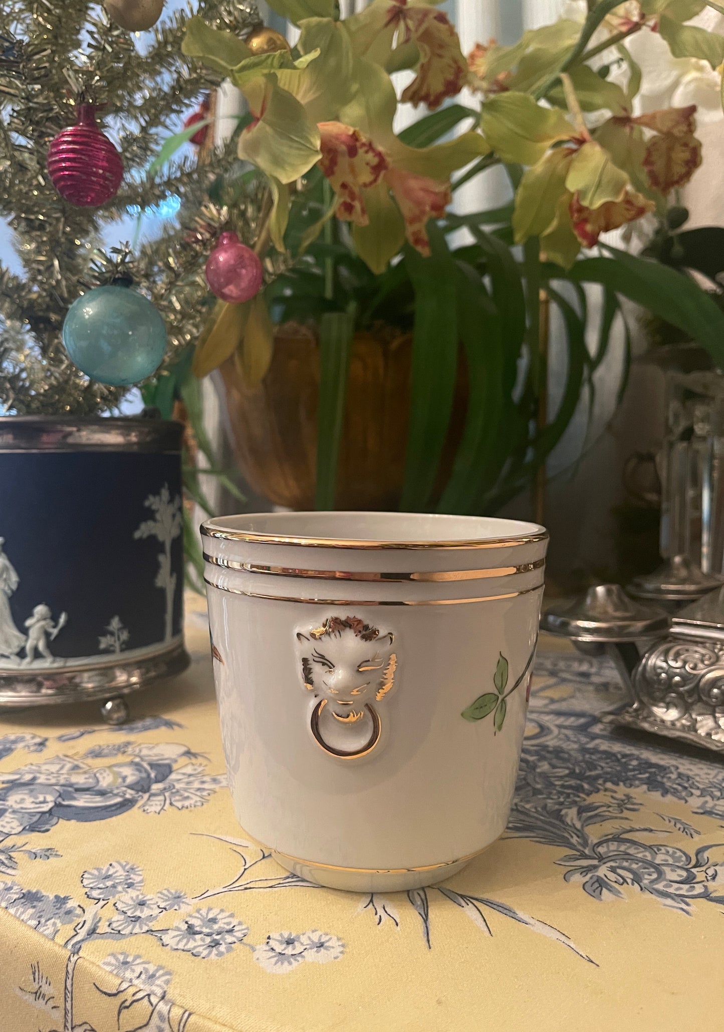 Vintage Cachepot with a Blue Bird and Berries, Gold Detail