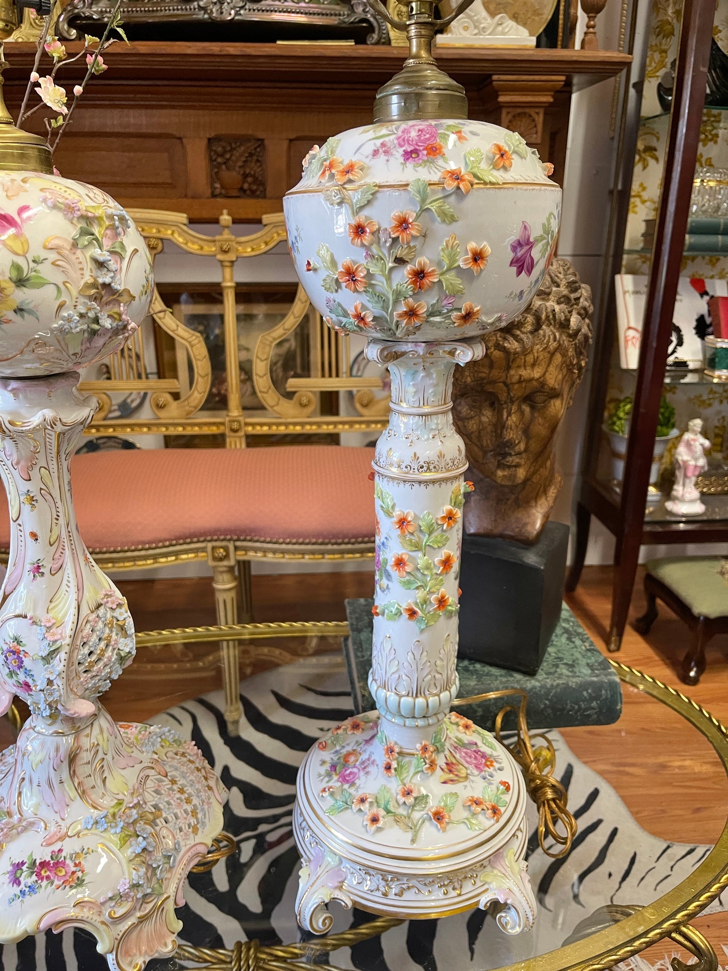 Pair of Monumental Vintage Porcelain Floral Lamps