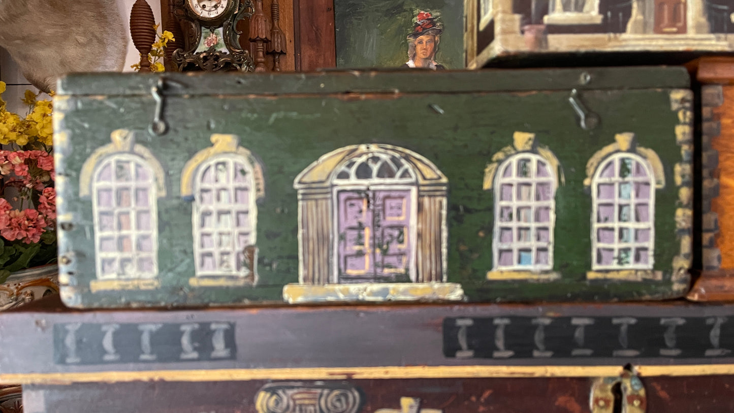 English Georgian Country House Facade Box – Green with Arched Windows and Lilac Doors, 19th Century