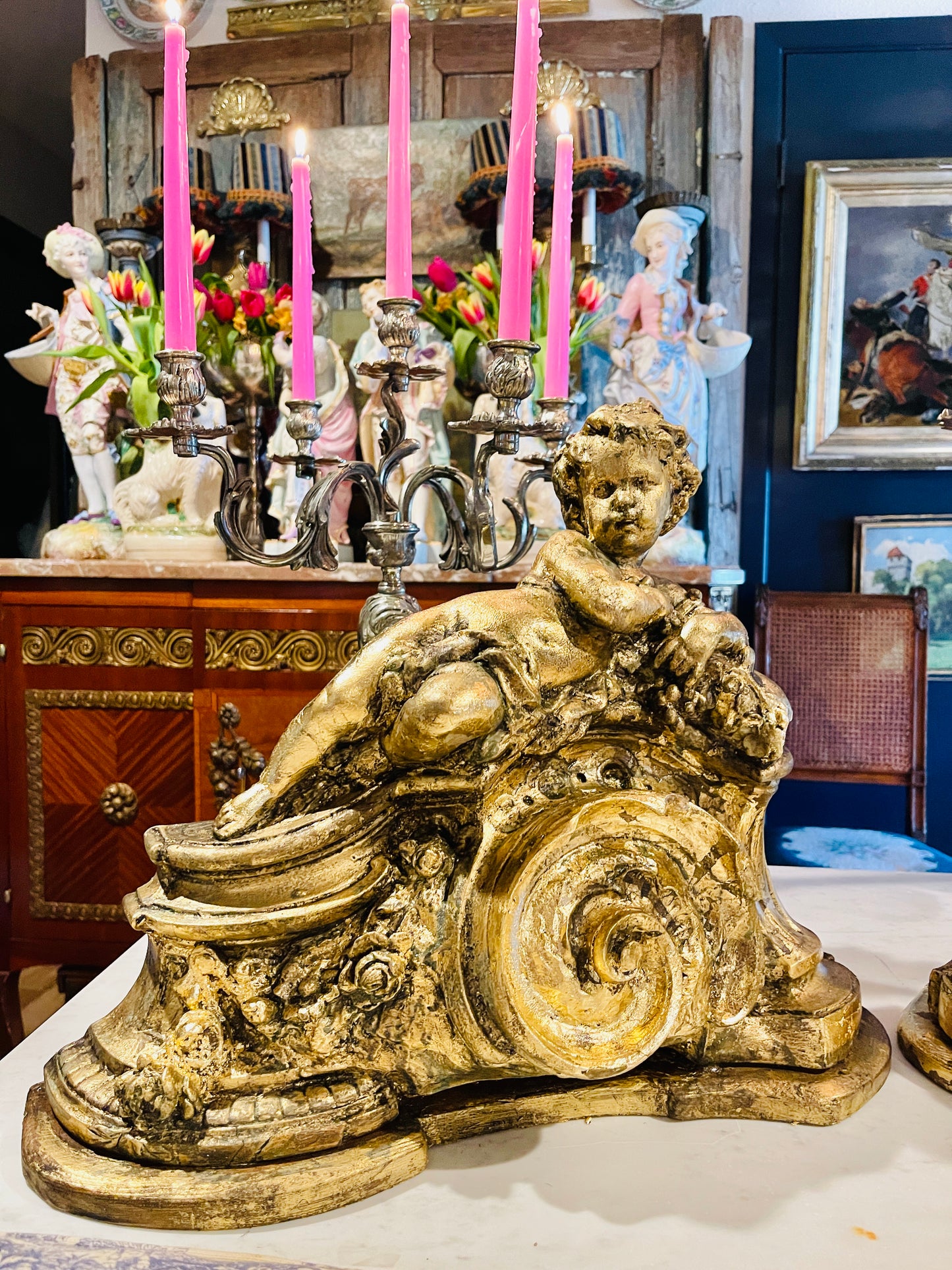 Monumental Giltwood & Gesso Rococo Revival Putti Architectural Ornament - Left