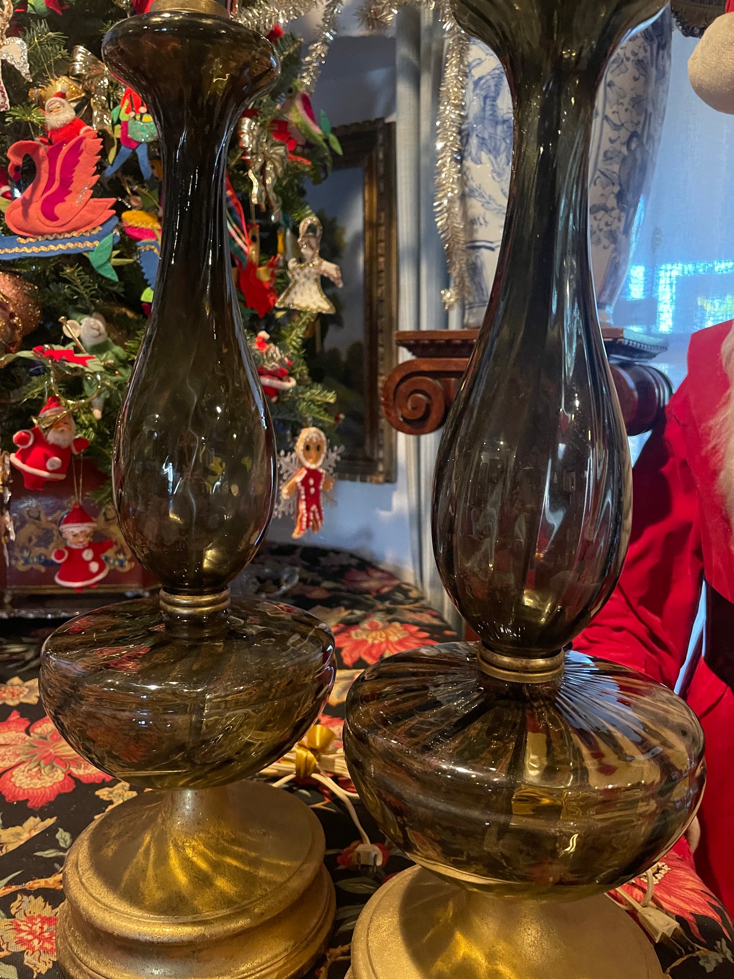 Large Midcentury Empoli Art Glass Lamps · Made in Italy · Smoky Quartz / Smoky Topaz Glass · Gold Leaf Bases & Finials