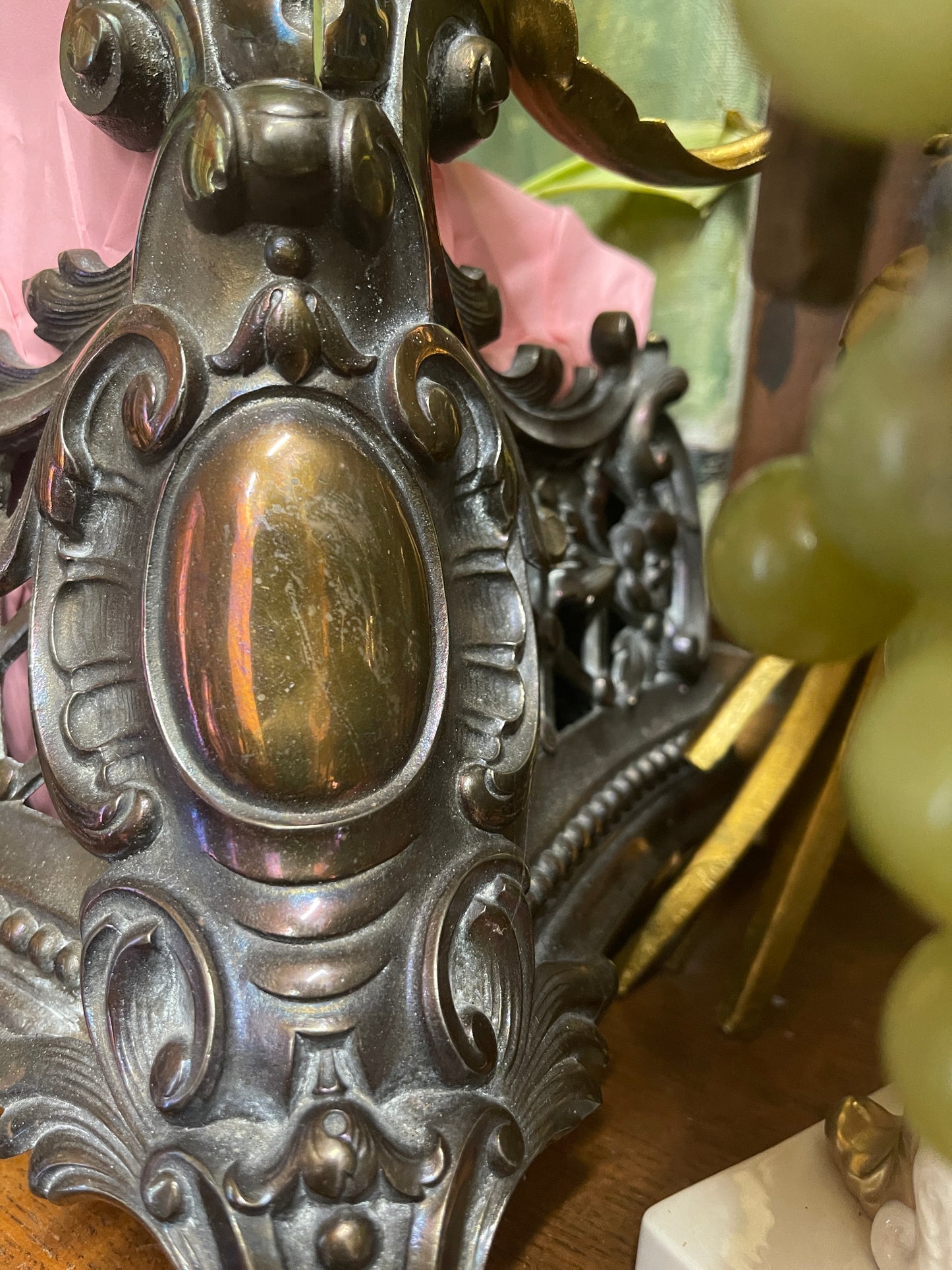 Antique French Louis XV-Style Cast Fireplace Fender with Figural Face Mascaron, Estate Sourced, Rococo Scrollwork