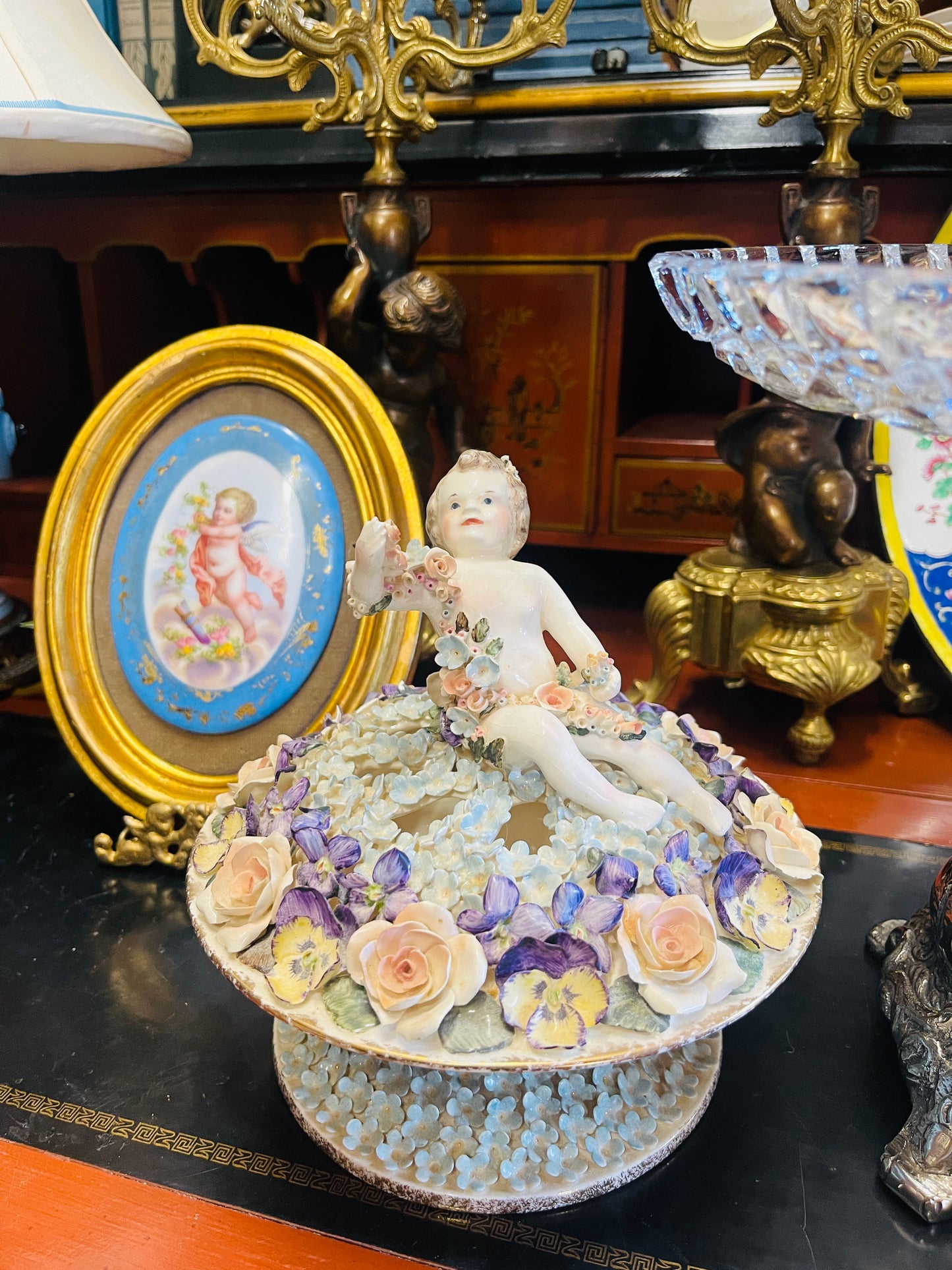 Vintage Hobe Dresden Porcelain Flower Frog with Cherub & Hand-Applied Florals, Imported by Neiman Marcus, ca. 1950s