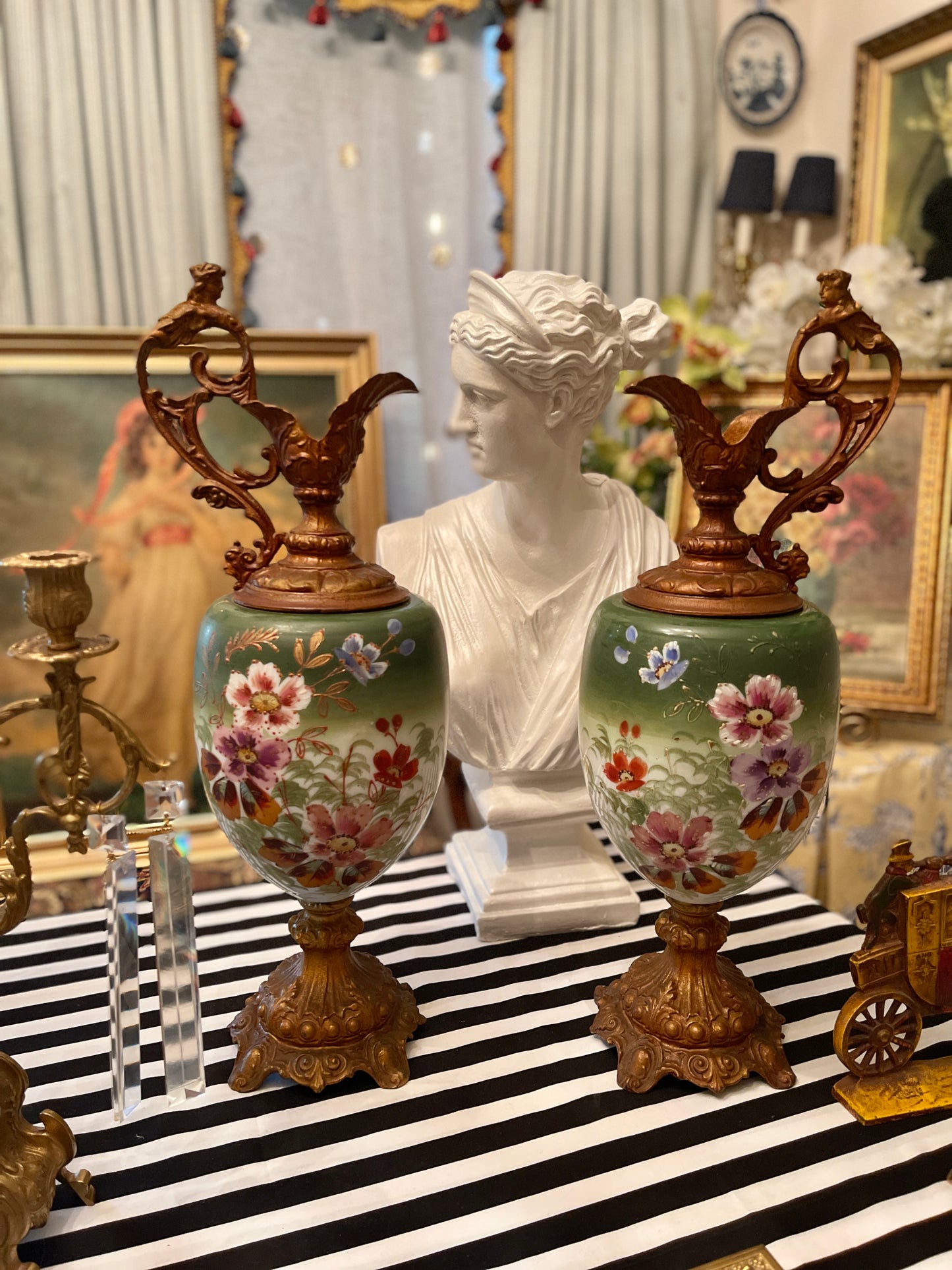 Antique Porcelain and Cast Metal Ewer Pitchers, Pair, Hand Painted